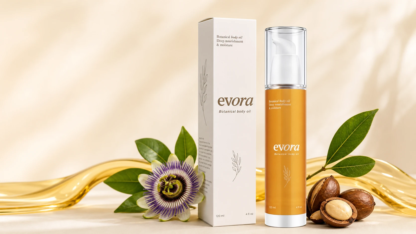 Evora Botanical Body Oil bottle and box with passionflower and botanical leaves